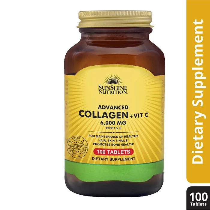 Sunshine Nutrition Advanced Collagen + Vitamin C – Type I & III Hydrolyzed Collagen for Skin, Hair, Joints & Bones – 100 Tablets